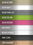 Wzornik próbek materiałów Decor, Mesh oraz HDPE w różnych kolorach takich jak beżowy, szary, zielony i różowy.