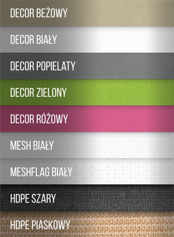 Wzornik próbek materiałów Decor, Mesh oraz HDPE w różnych kolorach takich jak beżowy, szary, zielony i różowy.