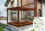 Drewniana pergola z zasłoną zewnętrzną w liście paproci, dwa leżaki na tarasie nowoczesnego domu. Naturalny wzór.