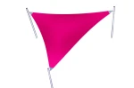 Wodoodporny różowy żagiel ogrodowy premium w kształcie trójkąta, montowany na aluminiowych masztach.