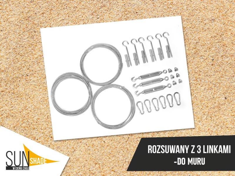 Zestaw montażowy do żagla rozsuwanego na 3 linki do muru: linki stalowe, śruby rzymskie, karabińczyki i kołki.