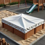 Biała plandeka na piaskownicę wykonana na wymiar, chroniąca drewnianą konstrukcję w ogrodowym kąciku zabaw.