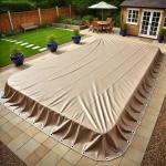 Beżowa plandeka na basen na wymiar z oczkami montażowymi, przykrywająca zewnętrzny basen na nowoczesnym tarasie.