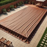 Brązowa plandeka na basen ogrodowy szyta na wymiar, z metalowymi oczkami, zamontowana na przydomowym tarasie.