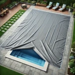 Szara plandeka na basen na wymiar, częściowo odsłonięta, chroniąca wodę w nowoczesnym ogrodzie z tarasem i roślinami.