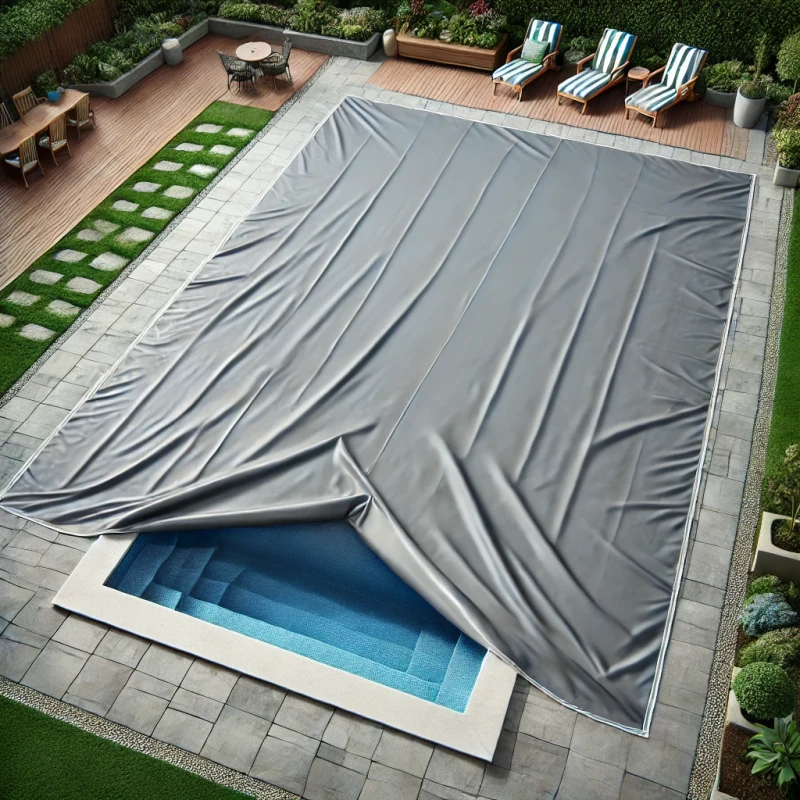 Szara plandeka na basen na wymiar, częściowo odsłonięta, chroniąca wodę w nowoczesnym ogrodzie z tarasem i roślinami.