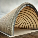 Wytrzymała beżowa plandeka na hangar łukowy o stalowej konstrukcji zamontowana na betonowym podłożu.