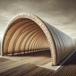 Beżowa plandeka na hangar łukowy wykonana na wymiar, chroniąca wnętrze konstrukcji przed warunkami atmosferycznymi.