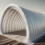 Wytrzymała biała plandeka na hangar łukowy wykonana na wymiar, chroniąca wnętrze konstrukcji przed deszczem i wiatrem.