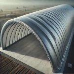 Plandeka na hangar łukowy szyta na wymiar, chroniąca konstrukcję przed warunkami atmosferycznymi.