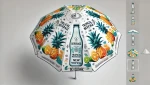 Parasol ogrodowy reklamowy z motywem owoców tropikalnych i napoju, idealny do ogródka kawiarnianego lub na taras.
