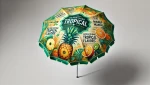 Reklamowy parasol ogrodowy z grafiką Refreshing Tropical, owocami ananasa i mango na białym tle.