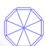 Niebieski schemat konstrukcji czaszy ośmioramiennego parasola ogrodowego reklamowego widziany z góry.