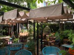 Beżowa pozioma roleta rzymska na tarasie restauracji, zamontowana na metalowej konstrukcji w otoczeniu roślin i mebli.