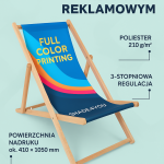 Drewniany leżak reklamowy z nadrukiem Full Color Printing, tkanina poliester 210g, powierzchnia nadruku 410x1050 mm.