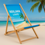 Drewniany leżak z nadrukiem reklamowym na plaży z widokiem na morze i palmy. Produkt promocyjny z logo firmy.