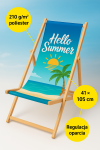 Drewniany leżak reklamowy z nadrukiem Hello Summer, plażą i palmą. Materiał poliester 210 g/m2, wymiary 41x105 cm.