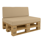 Beżowy pokrowiec na poduszki ogrodowe na meble z palet, odporny materiał na siedzisko i oparcie sofę tarasową.