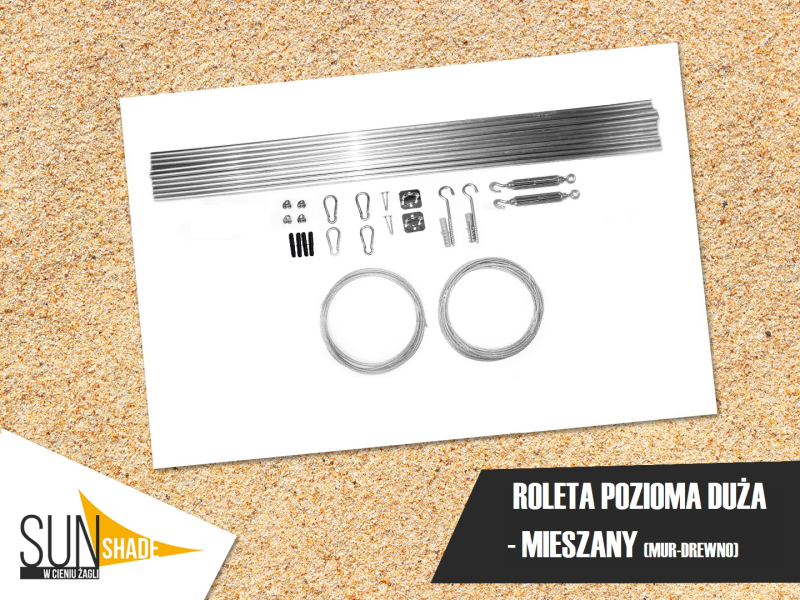Duży zestaw montażowy do rolety rzymskiej poziomej w wariancie mieszanym mur-drewno z linkami i rurkami.