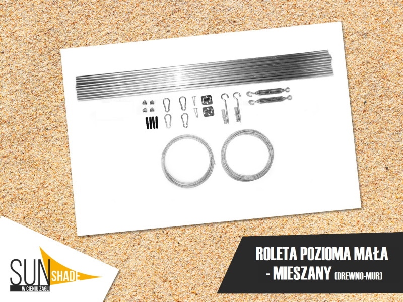 Zestaw montażowy do małej rolety rzymskiej poziomej w wariancie mieszanym (drewno-mur), rurki, linka stalowa i karabińczyki.