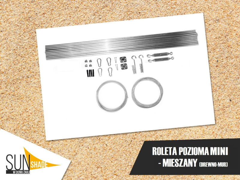 Zestaw montażowy do rolety rzymskiej mini poziomowej w wersji mieszanej drewno-mur ze stalowymi linkami i rurkami.