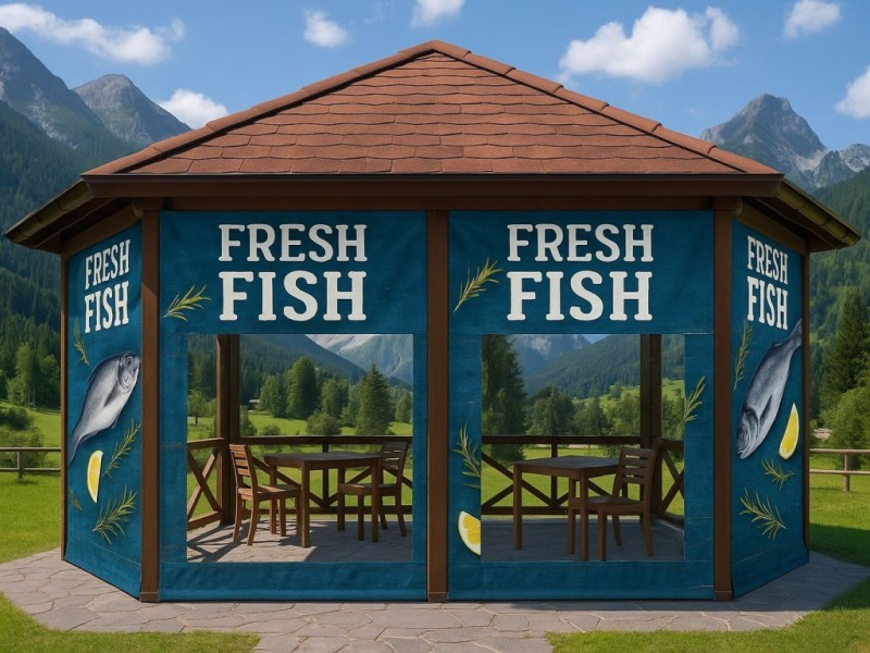 Plandeka na taras z nadrukiem reklamowym Fresh Fish, osłona altany z oknami i grafiką ryby wykonana na wymiar.