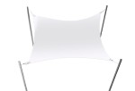 Biały, kwadratowy żagiel ogrodowy wodoszczelny premium 1x1m zamocowany na czterech masztach na białym tle.