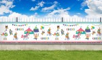 Kolorowa osłona balkonowa na wymiar z dziecięcym motywem cyrkowym przedstawiająca wesołe zwierzęta i namioty.