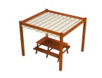 Drewniana pergola z roletą rzymską poziomą premium Decor o wymiarach 3x4 m nad stołem z ławkami.