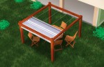 Roleta rzymska pozioma premium Decor o wymiarach 2,5x3 m na drewnianej pergoli z zestawem mebli ogrodowych.