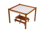 Drewniana pergola z białą poziomą roletą rzymską premium Decor 2,5x3 nad brązowym stołem piknikowym.