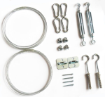 Mieszany zestaw montażowy do żagli rozsuwanych: linki stalowe, napinacze, karabińczyki, uchwyty i kołki.