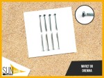 Zestaw ośmiu metalowych wkrętów do drewna o stożkowym łbie, ułożonych pionowo na białym tle z logo SunShade.