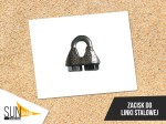 Metalowy zacisk do linki stalowej kubełkowy na białym tle. Akcesorium montażowe do żagli przeciwsłonecznych SunShade.