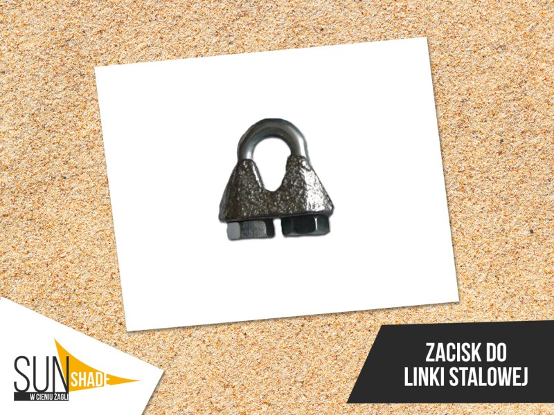 Metalowy zacisk do linki stalowej kubełkowy na białym tle. Akcesorium montażowe do żagli przeciwsłonecznych SunShade.