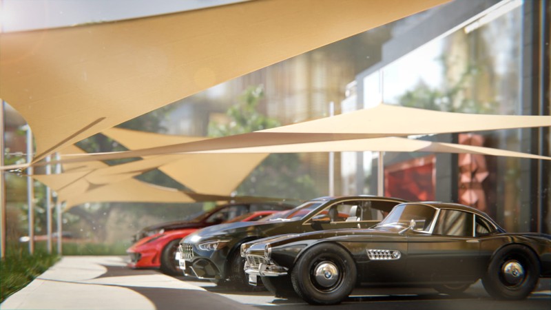 Nowoczesne żagle przeciwsłoneczne na carporty na wymiar osłaniające luksusowe samochody zaparkowane przed budynkiem.
