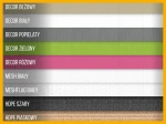 Wzornik próbek materiałów Decor, Mesh oraz HDPE w różnych kolorach takich jak beżowy, biały, popielaty, zielony i różowy.