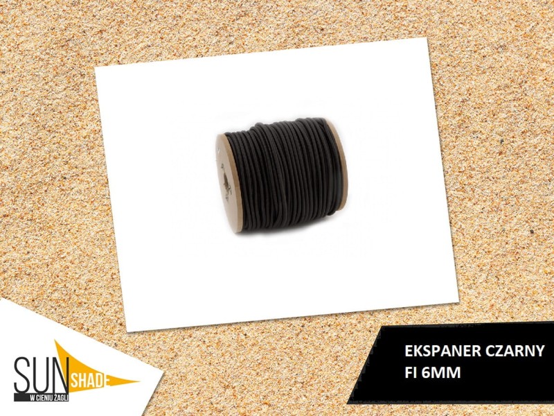 Czarna linka elastyczna ekspander fi 6 mm nawinięta na szpulkę, akcesorium montażowe do żagli przeciwsłonecznych.